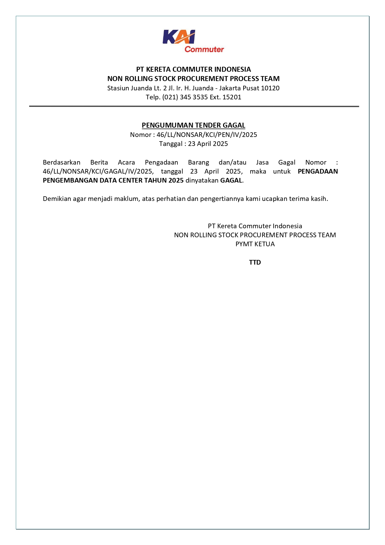 7 pengumuman tender gagal 46 pengadaan pengembangan data center tahun 2025 page 0001